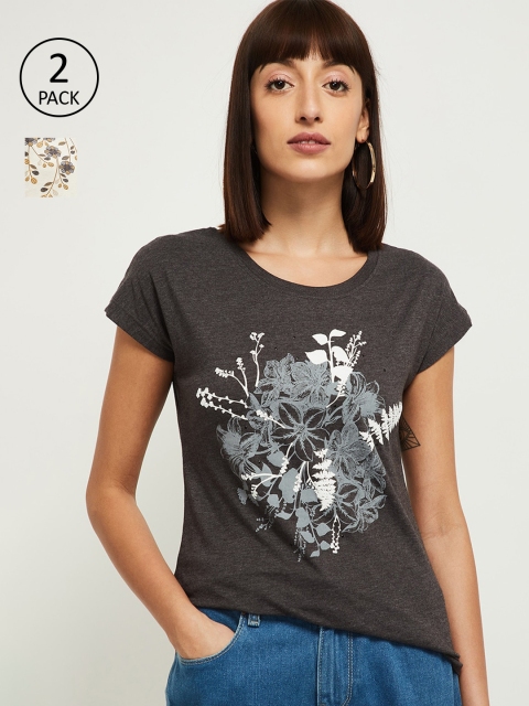 

max Women Charcoal Grey & Beige Pack of 2 T-shirt