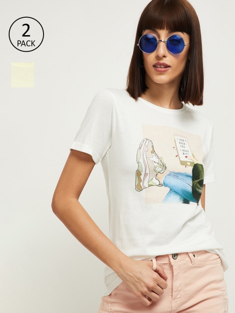 

max Women White Yellow Pack of 2 Pure Cotton T-shirts