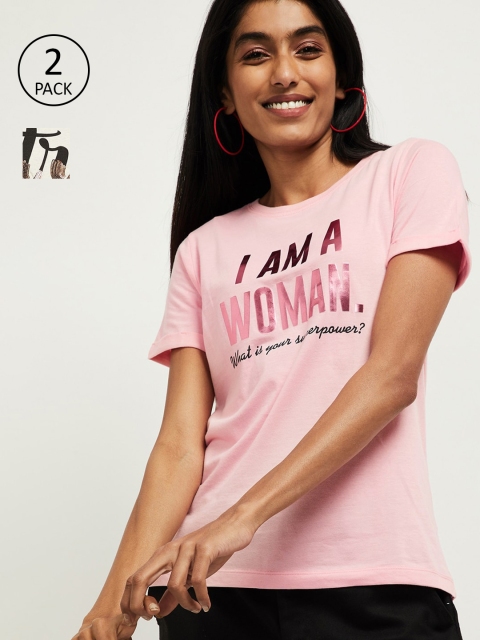 

max Women Pink & Cream Pack of 2 Printed T-shirts