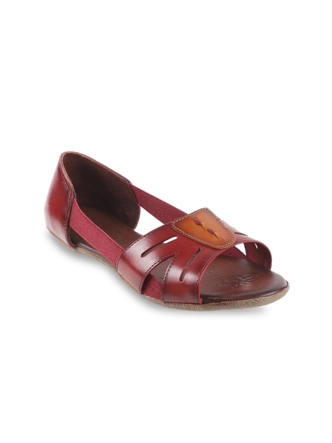 

Mochi Women Maroon Colourblocked Leather Open Toe Flats