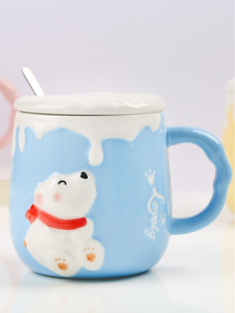 

Bigsmall Blue & White Printed Polar Bear Mug With Lid & Spoon
