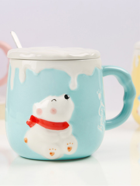 

Bigsmall Turquoise Blue & WhiteTextured Ceramic Mugs With Lid & Spoon