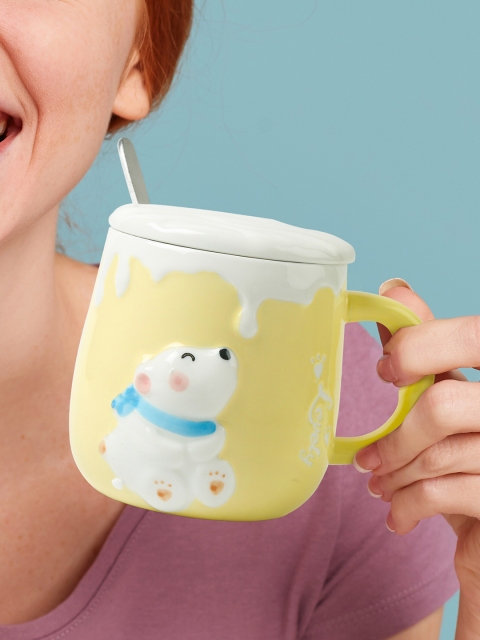 

Bigsmall Yellow & White Polar Bear Textured Ceramic Mug With Lid & Spoon