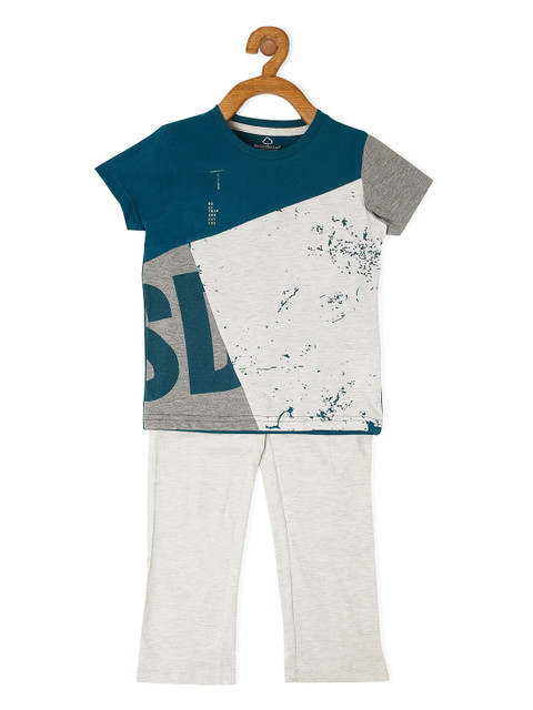 

Sweet Dreams Boys Teal Blue & Grey Melange Printed Night Suit