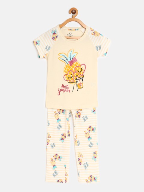 

Sweet Dreams Girls Beige & Yellow Pineapple Print Night suit