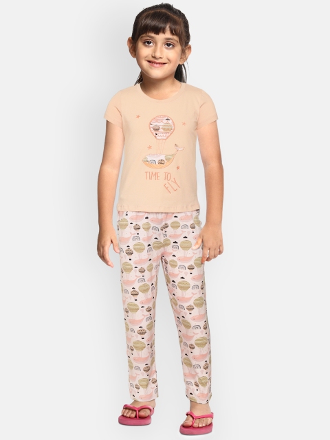 

Sweet Dreams Girls Peach-Coloured & Khaki Embroidered Night Suit