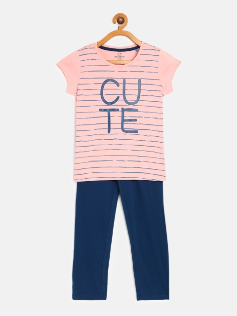 

Sweet Dreams Girls Peach-Coloured & Navy Blue Striped Night suit