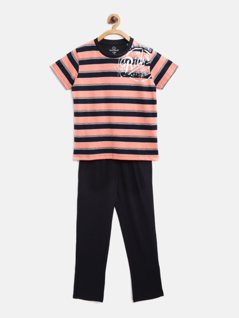 

Sweet Dreams Boys Peach-Coloured & Navy Blue Striped Night Suit, Orange