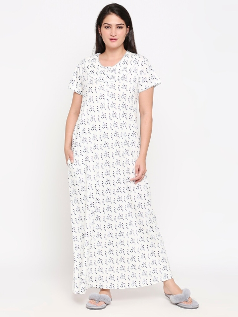 

XIN Off-White & Navy Blue Floral Printed Nightdress
