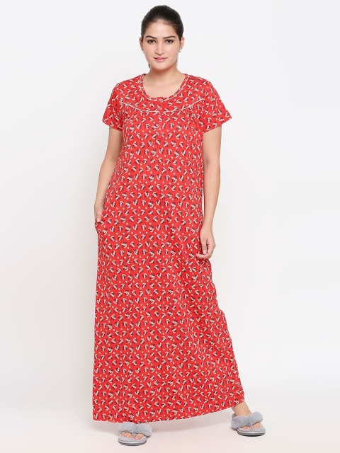 

XIN Red & Off-White Floral Printed Nightdress