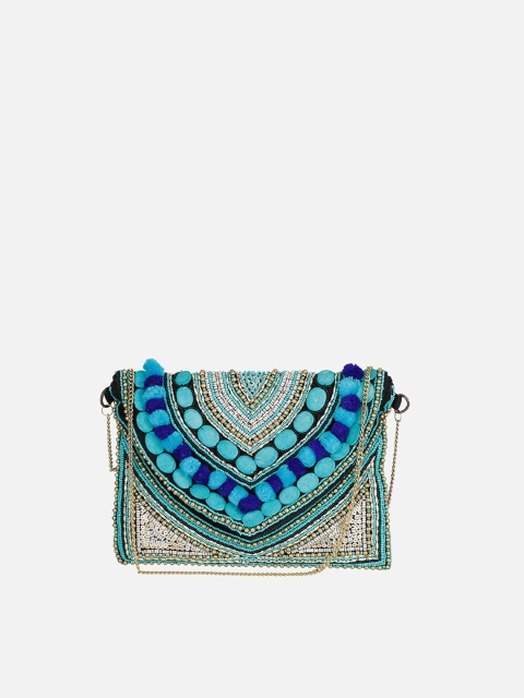 

Aditi Wasan Blue & Silver-Toned Hand Embroidered Purse Clutch