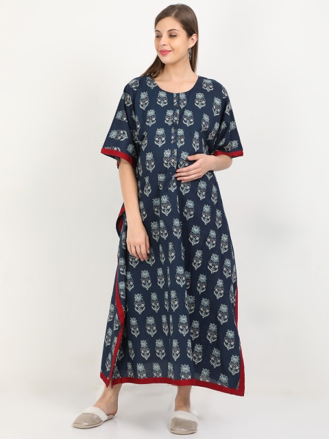 

The Mom Store Women Navy Blue Printed Kaftan Nigthy