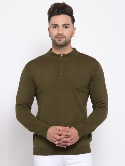 

Kalt Men Olive Full Sleeves Turtle Neck Half Zipper Sweater