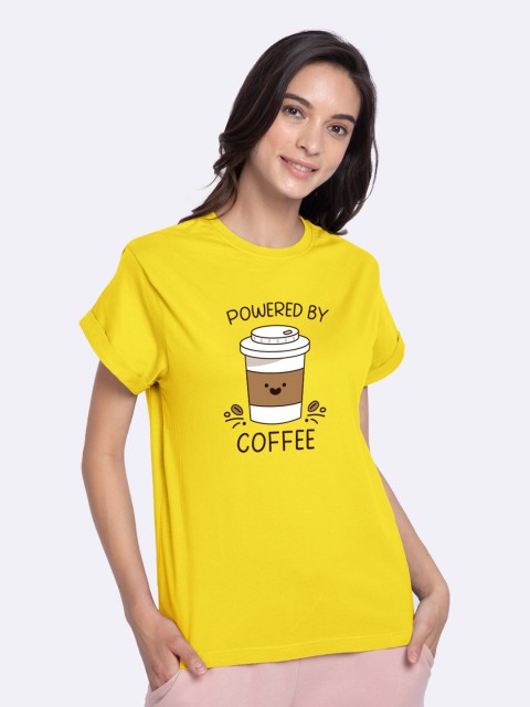 

Bewakoof Women Yellow Printed Round Neck Pure Cotton T-shirt
