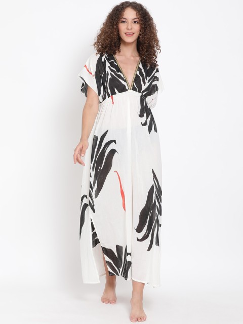 

Oxolloxo Women White & Black Printed Cover-Up Swim Dress