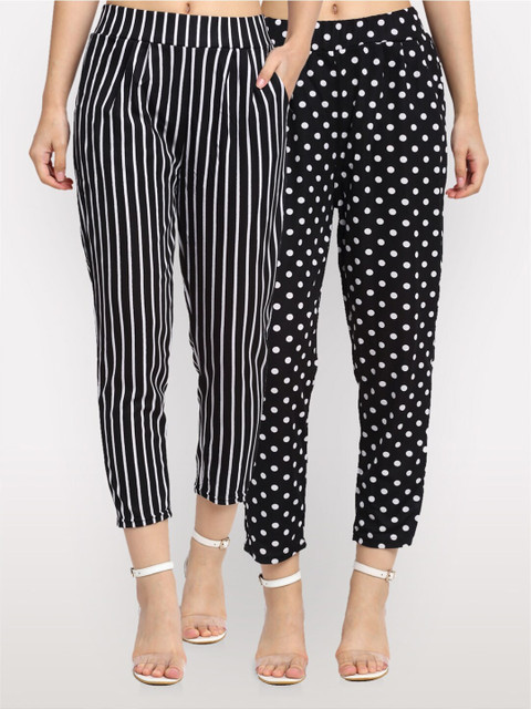 

NEUDIS Women Pack of 2 Black Regular Fit Printed Regular Trousers