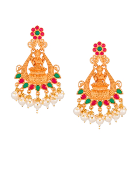 

aadita Red Gold-Plated Contemporary Pearl & Kundan Studded Temple Chandbalis