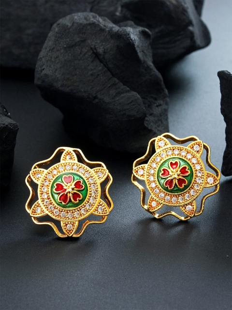 

aadita Gold-Toned & Green American Diamond Meenakari Floral Studs