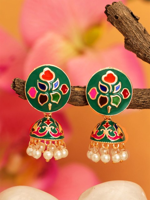 

aadita Gold-Plated & Green Meenakari Contemporary Jhumkas
