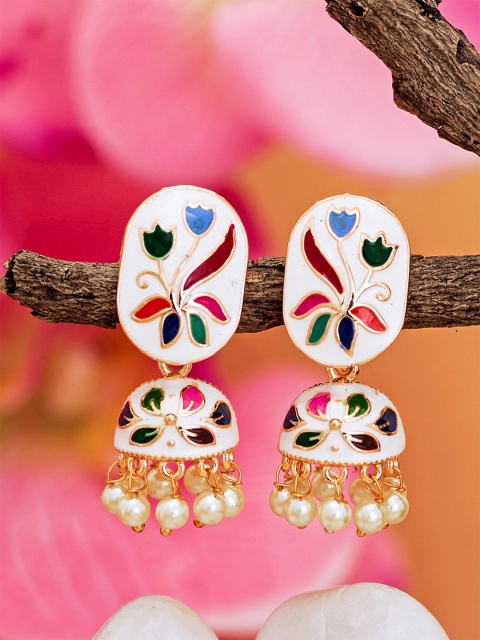 

aadita Off-White & Black Gold-Plated Meenakari Dome Shaped Jhumkas