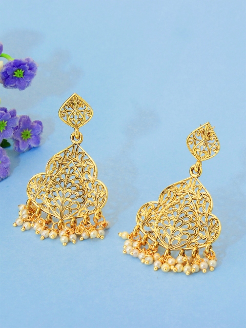 

aadita Gold-Plated & White Pearl Beaded Contemporary Drop Earrings