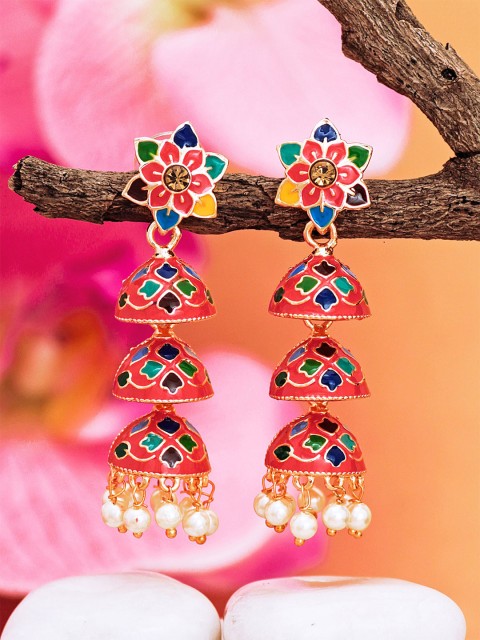 

aadita Red Gold-Plated Meenakari Dome Shaped Jhumkas
