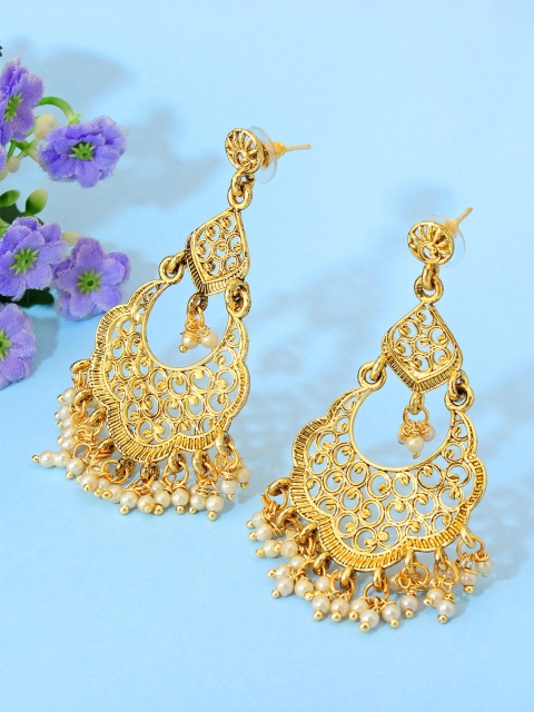 

aadita Gold-Plated & White Pearl Beaded Contemporary Drop Earrings