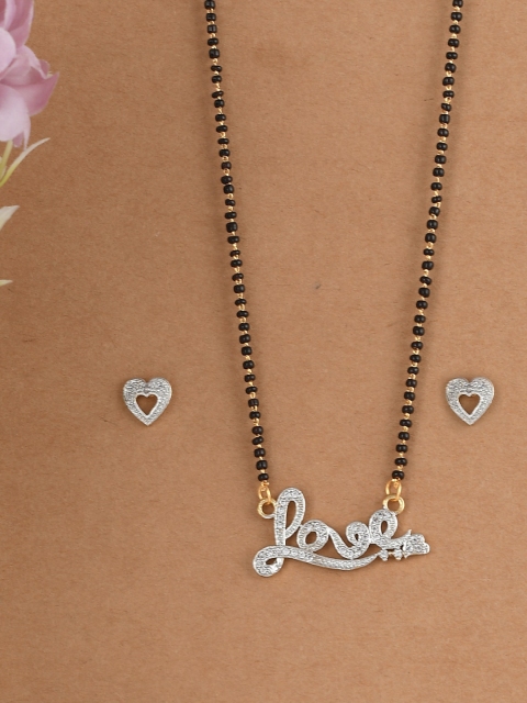 

Silvermerc Designs Gold-Plated Black & White AD-Studded Beaded Mangalsutra With Earrings