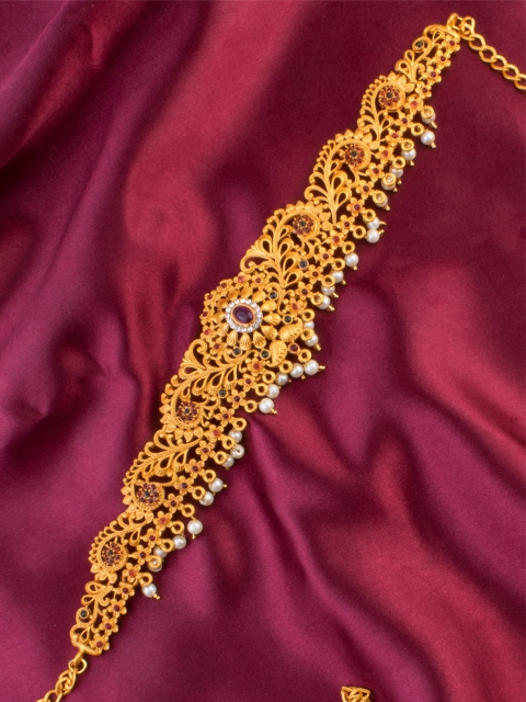 

Alankruthi Gold-Plated Pink & White CZ-Studded Floral Design Kamarbandh