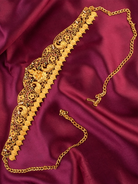 

Alankruthi Gold-Plated Pink & Green CZ-Studded Lakshmi Peacock Design Kamarbandh
