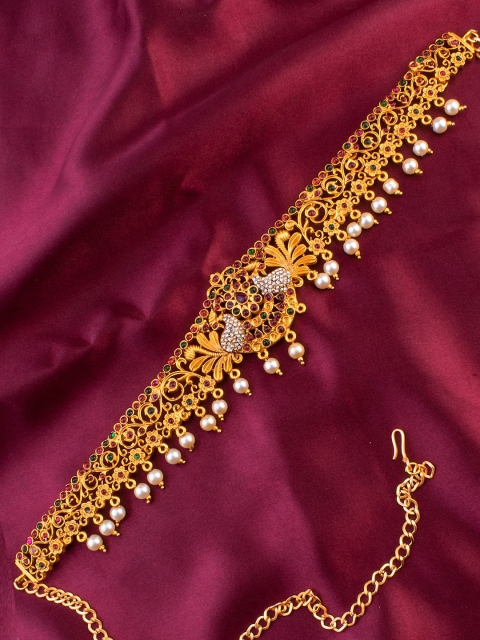 

Alankruthi Gold-Plated Pink & White CZ-Studded Peacock Design Kamarbandh