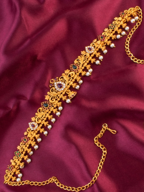 

Alankruthi Gold-Plated Pink & Green CZ-Studded Lotus Design Kamarbandh