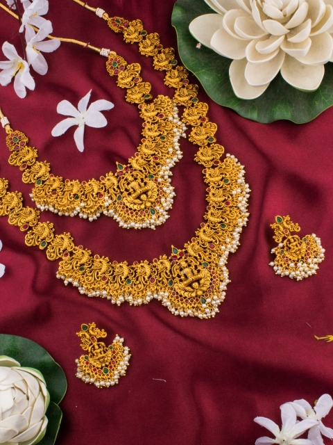 

Alankruthi Gold-Plated Stone-Studded Beaded Lakshmi Design Temple Jewellery Set