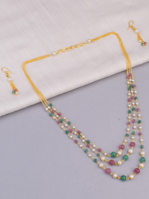 

Alankruthi Gold-Plated White & Purple Beaded Layered Jewellery Set