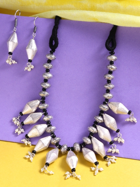 

Yellow Chimes Oxidised Silver-Plated White Pearl Beaded Handcrafted Statement Jewellery Set