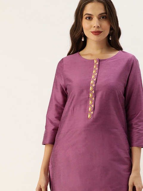 

all about you Women Purple Thread Work Kurta with Trousers