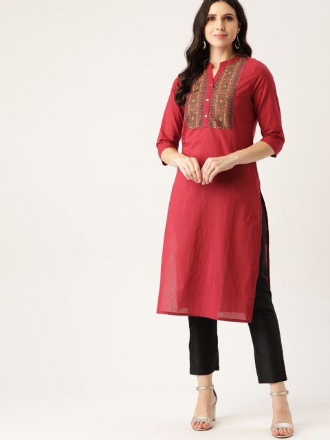 

all about you Women Red & Beige Ethnic Motifs Yoke Design Straight Kurta