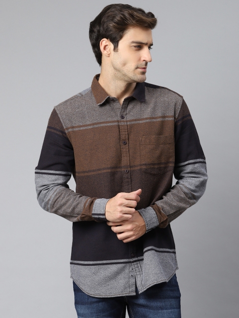 

HERE&NOW Men Brown & Grey Slim Fit Pure Cotton Striped Casual Shirt