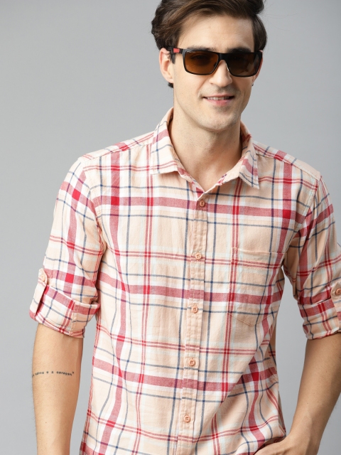 

HERE&NOW Men Cream-Coloured & Red Regular Fit Checked Pure Cotton Casual Shirt