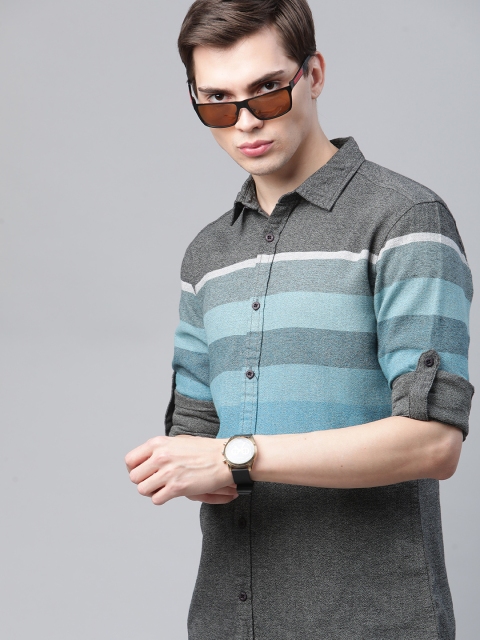 

HERE&NOW Men Charcoal Grey & Blue Slim Fit Striped Casual Shirt