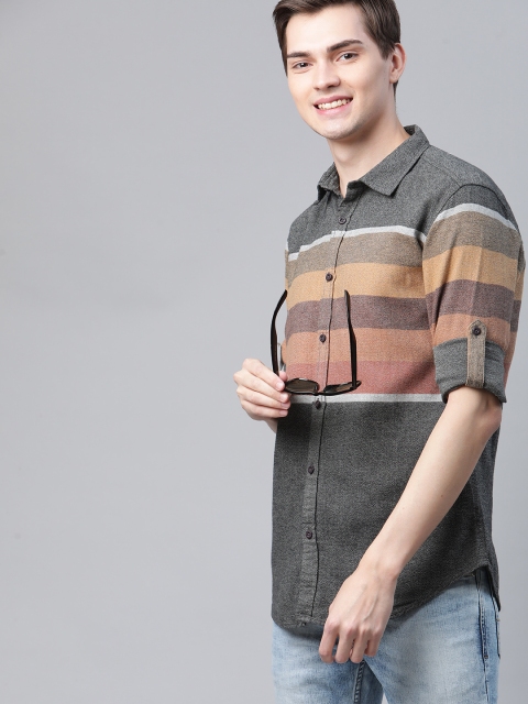 

HERE&NOW Men Charcoal Grey & Peach-Coloured Slim Fit Striped Casual Shirt