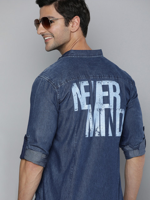 

HERE&NOW Men Blue Slim Fit Faded Opaque Casual Shirt with Typography Print