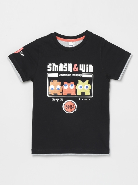 

max Boys Black Printed Round Neck T-shirt