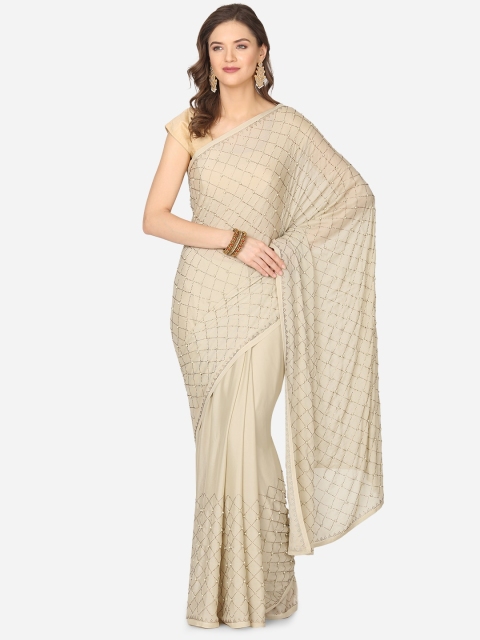

BOMBAY SELECTIONS Cream-Coloured & Golden Embellished Viscose Rayon Saree