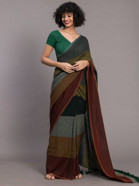 

Suta Maroon & Grey Cotton Blend Colourblocked Saree