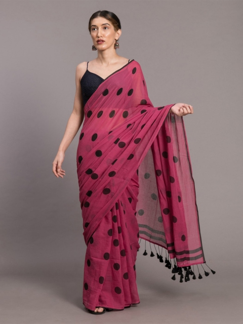 

Suta Pink & Black Pure Cotton Polka Dots Printed Handloom Saree