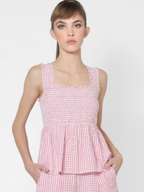 

ONLY Pink & White Checked Peplum Top