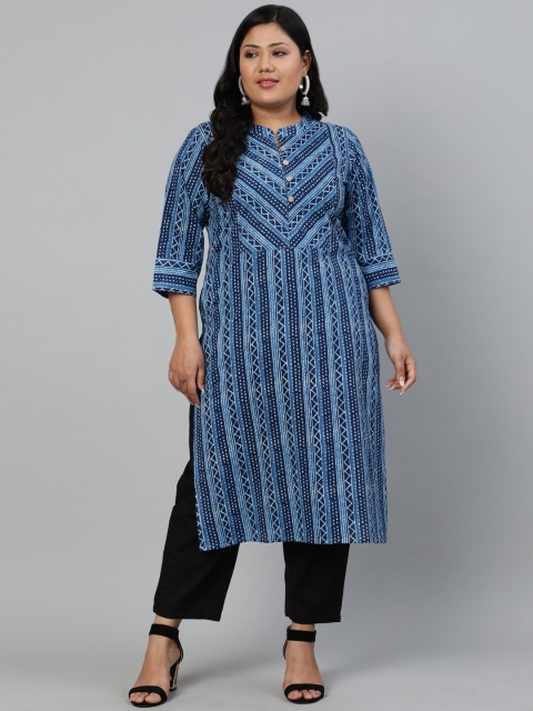 

Nayo Plus Size Women Blue & White Geometric Printed Indigo Kurta