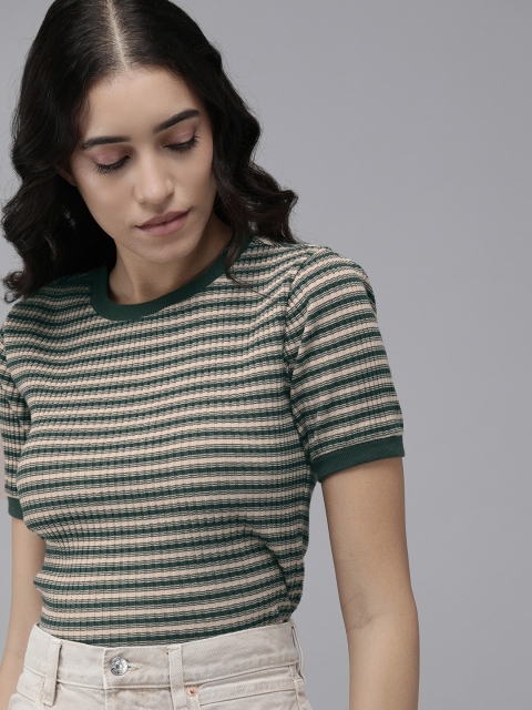 

ONLY Women Beige & Green Striped T-shirt