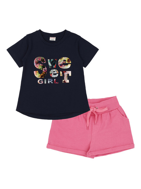 

RAINE AND JAINE Girls Navy Blue & Pink Printed Cotton T-shirt with Shorts
